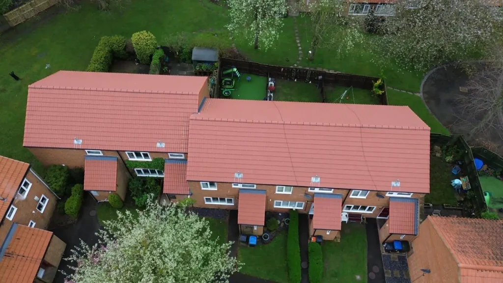 Aerial view of homes re-roofed by AAA Roofing