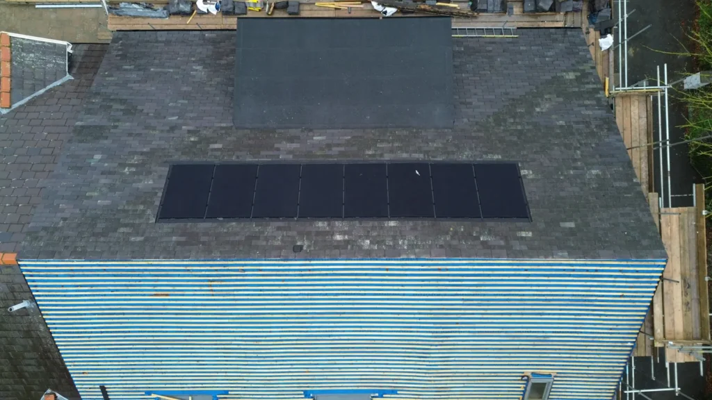 Roof stripped and felted, seen from the air, near Runswick Bay